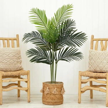 4' Artificial Paradise Palm Tree With Handmade Jute And Cotton Basket With Tassels