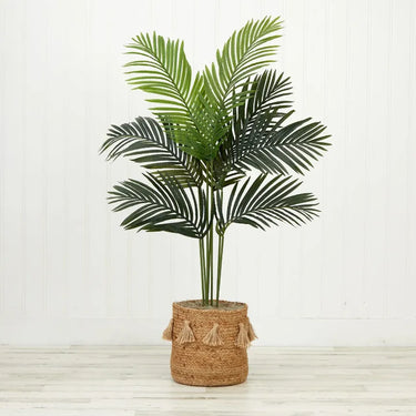4' Artificial Paradise Palm Tree With Handmade Jute And Cotton Basket With Tassels