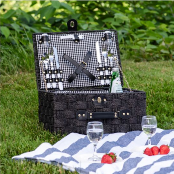 2 Person Black Checkered Weave Picnic Basket