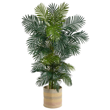 6.5' Golden Cane Artificial Palm Tree In Handmade Natural Cotton Multicolored Woven Planter