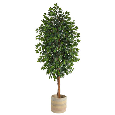 8' Ficus Artificial Tree With Handmade Natural Cotton Multicolored Woven Planter